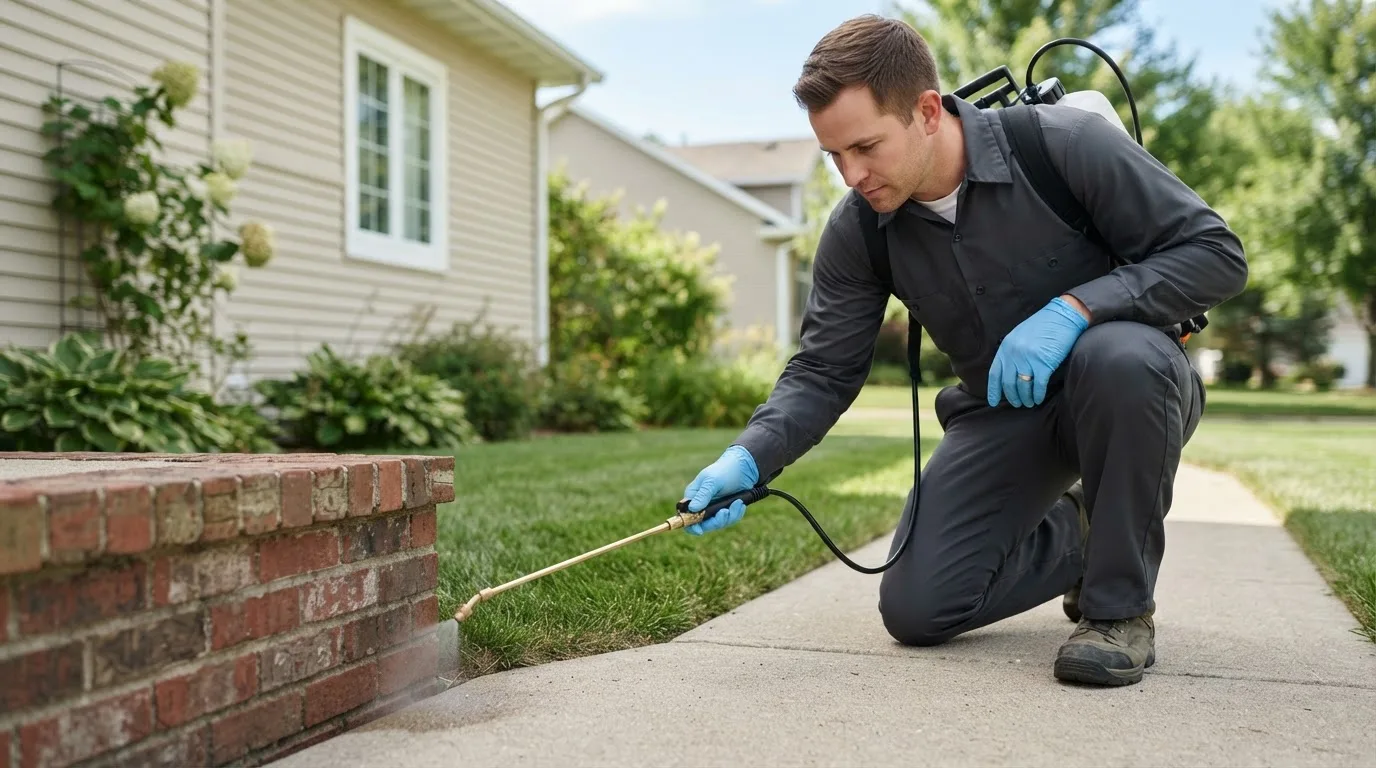 Pest control technician treating a home near Tarpon Springs, FL